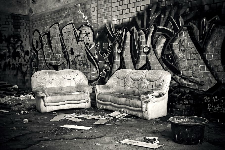 two empty gray sofas, lost places, rooms, chair, furniture, leave, HD wallpaper
