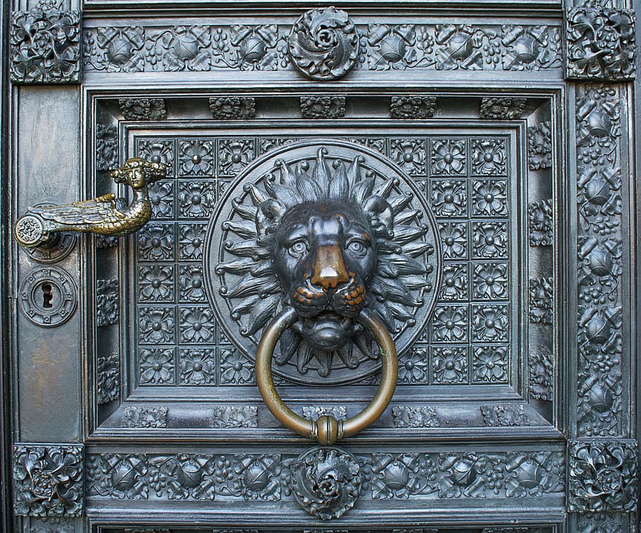 photography of gray and brown lion knob, cologne, cathedral, entrance