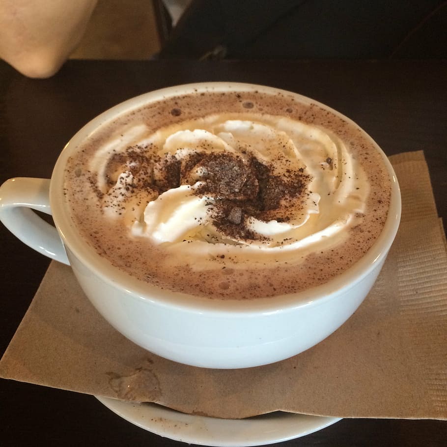 white cup with cappuccino, chocolate, hot, drink, mug, cocoa HD wallpaper