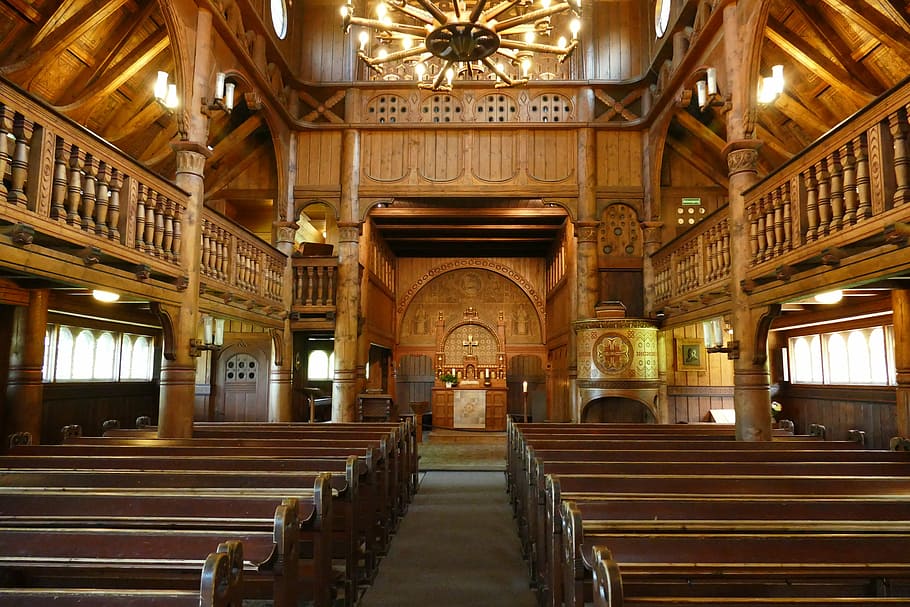nave, interior, benches, altar, stave church, goslar-hahnenklee HD wallpaper