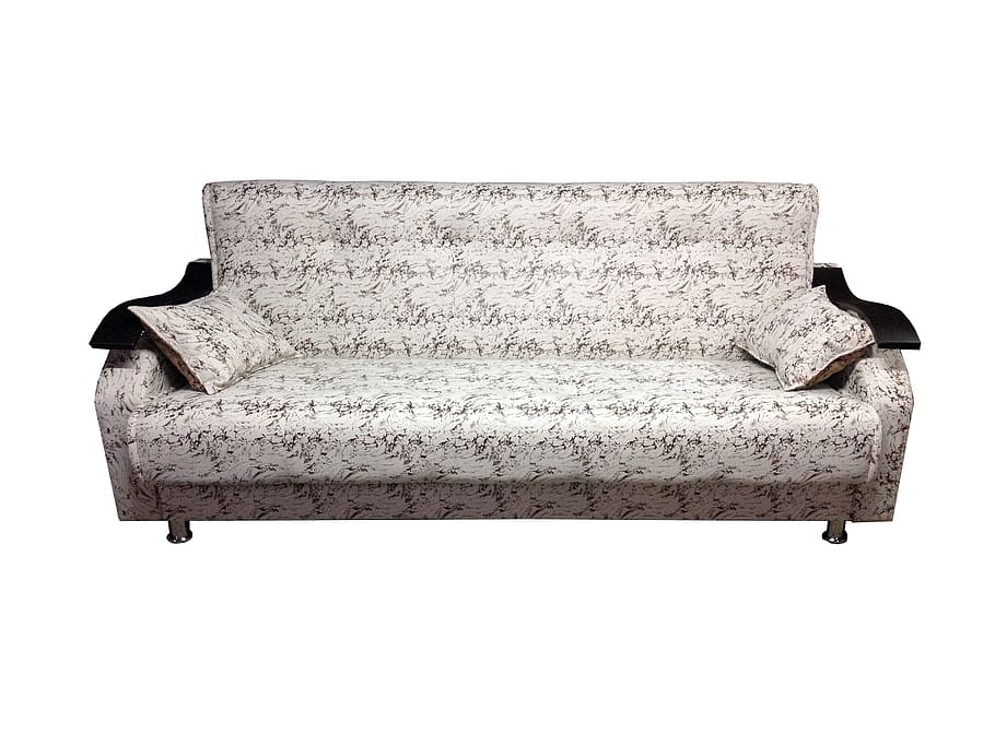 white-and-black bench sofa with two throw pillows, upholstered furniture
