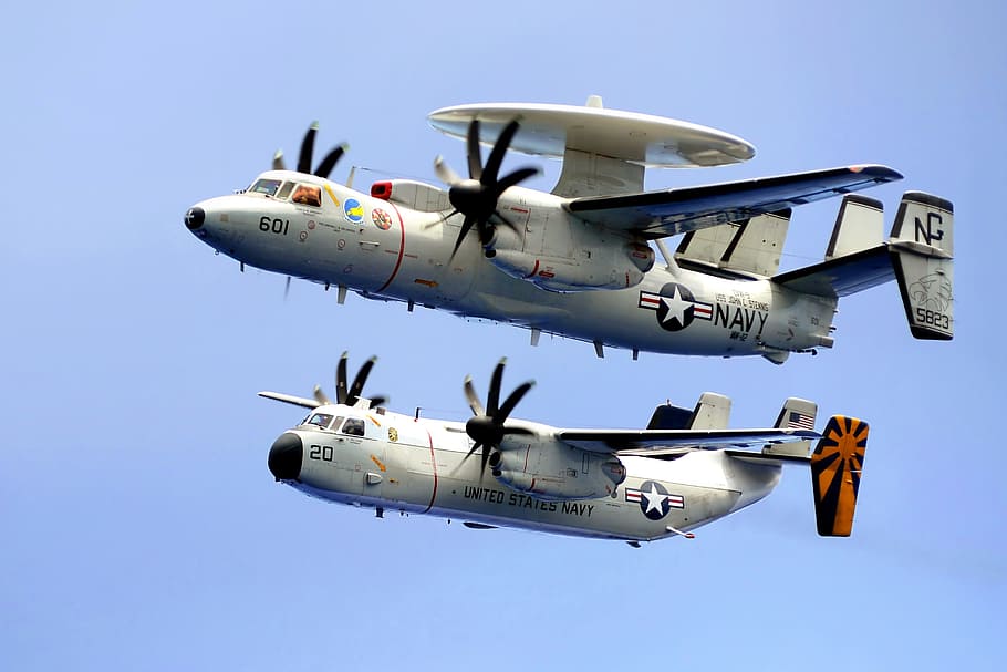 two white Navy planes flying under blue sky during daytime, Military