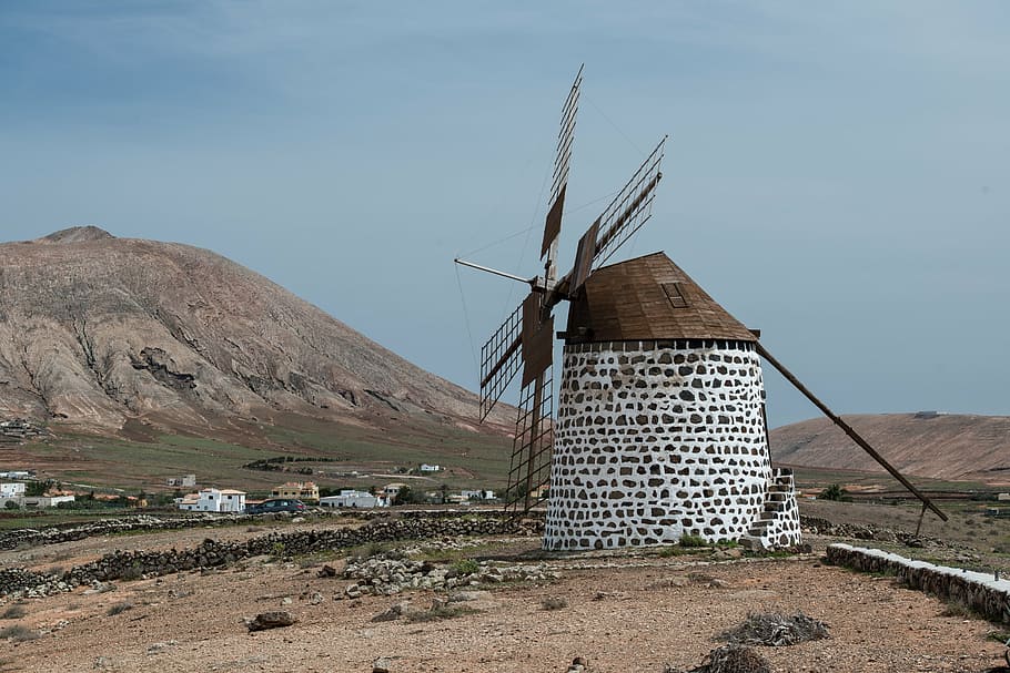 windmill, fuerteventura, mountains, landscape, island, fuel and power generation, HD wallpaper