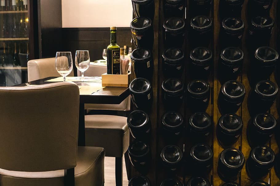 Table at a wine bar, interior, restaurant, alcohol, wine Bottle HD wallpaper