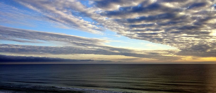White Sky Under Blue Sea during Dawn, bay, beach, clouds, cloudy HD wallpaper