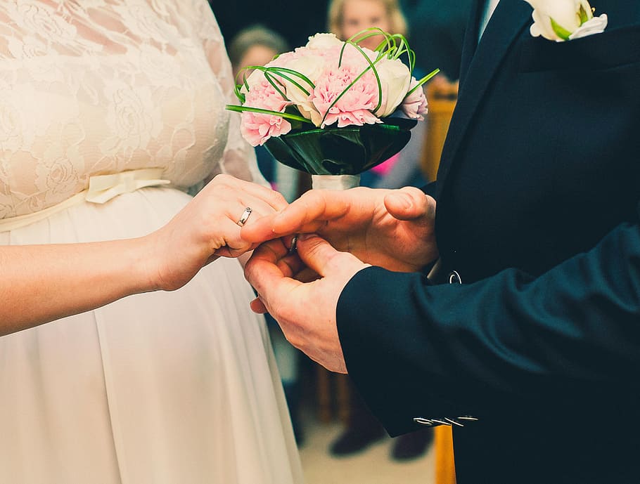 woman wearing white wedding dress and man wearing black suit holding a ring, HD wallpaper