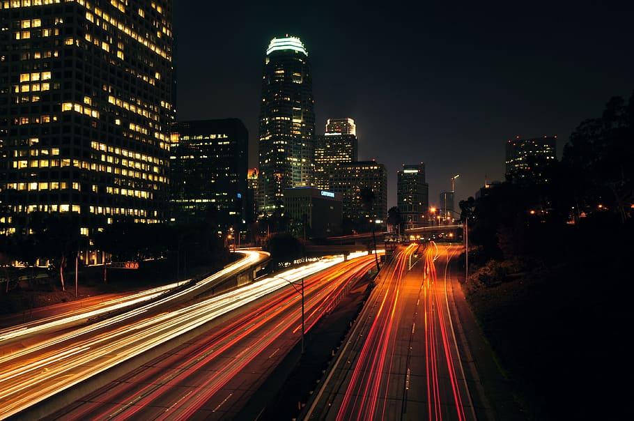 city, cars, road, traffic, architecture, blur, bridge, buildings HD wallpaper
