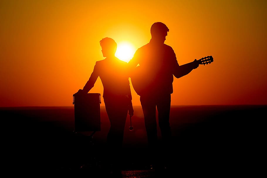 sunset, music, instruments, guitar, silhouette, musical instrument HD wallpaper
