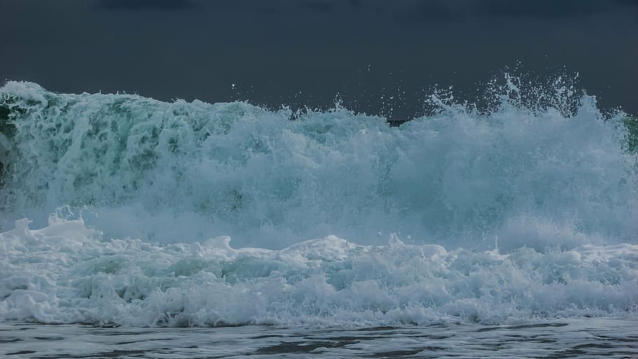 sea waves under gray sky, water, wall, liquid, nature, foam HD wallpaper