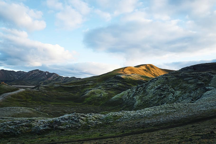 green mountains under cloudy sky, green and brown mountain under white sky HD wallpaper