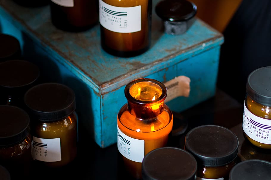 assorted glass jar lot, brown glass bottle, oil lamp, fire, candle, HD wallpaper