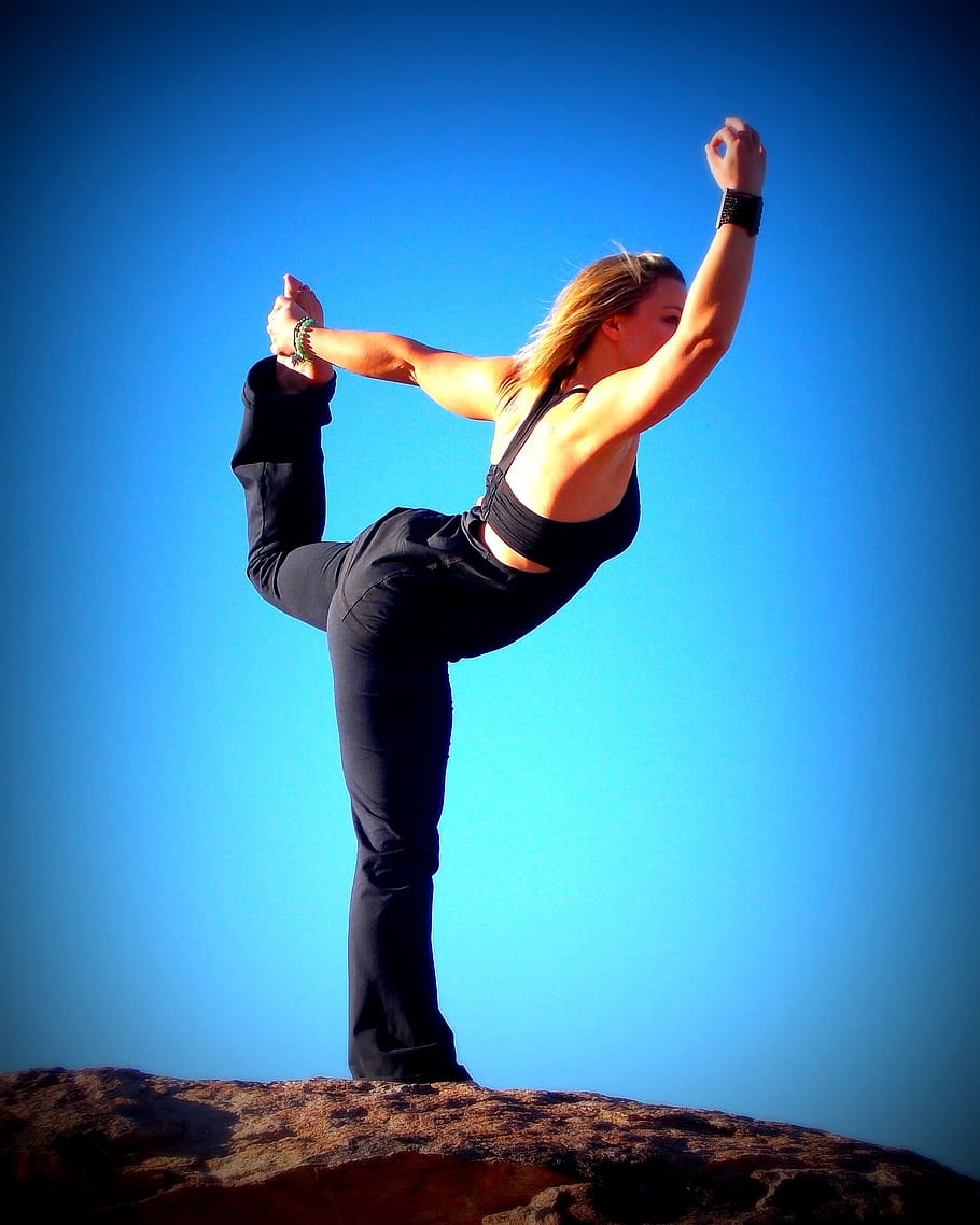 woman wearing black pants, yoga, dancer, sky, blue, rocks, blue sky HD wallpaper