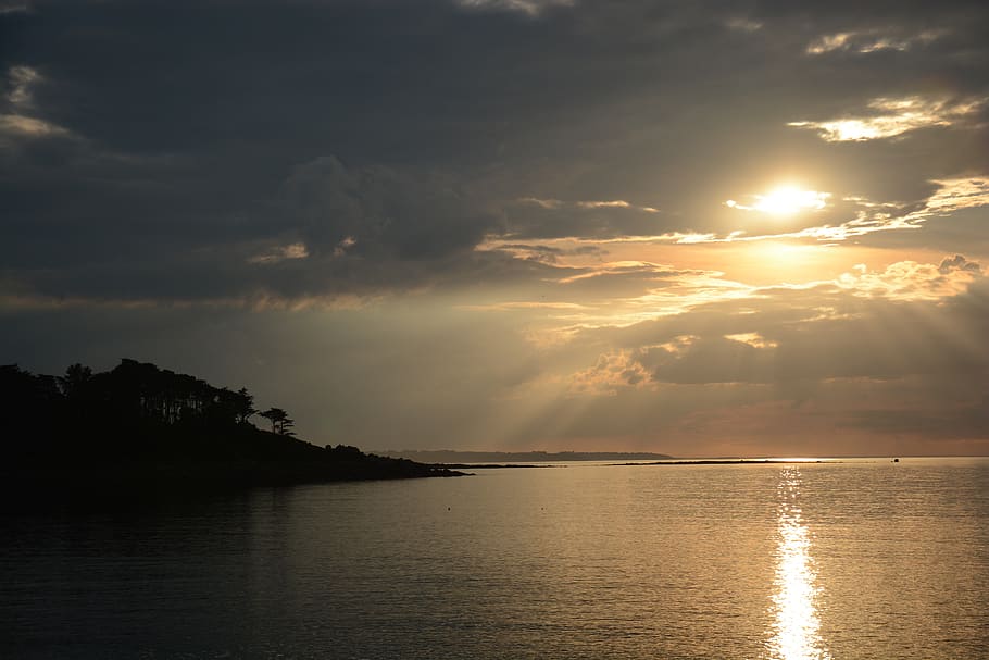 sunset, sea, coast, mood, clouds, red, france, brittany, sky HD wallpaper