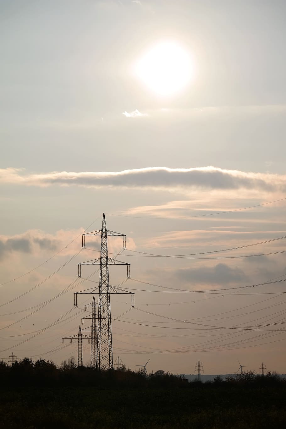 Sun, Current, High Voltage, strommast, pylon, steel, power line HD wallpaper