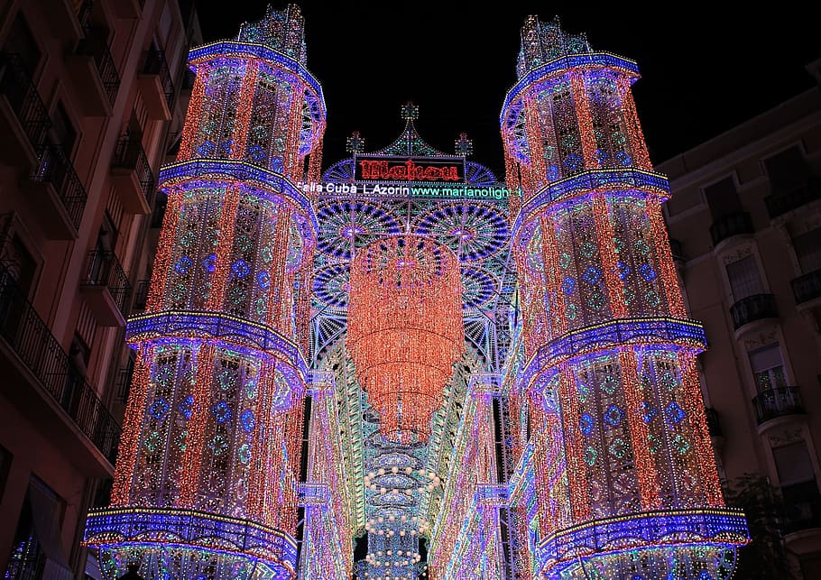 high rise building with string lights, Fallas, Valencia, Valence HD wallpaper