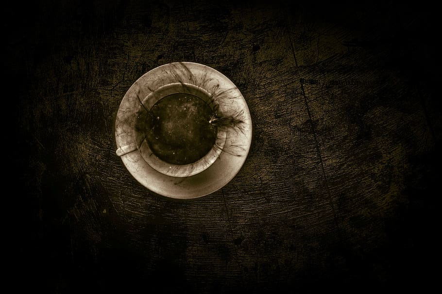 coffee, universe, cup, wood - material, directly above, no people HD wallpaper