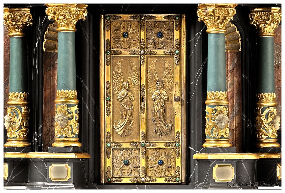 two women graphic gold-colored door, tabernacle, dom, paderborn HD wallpaper