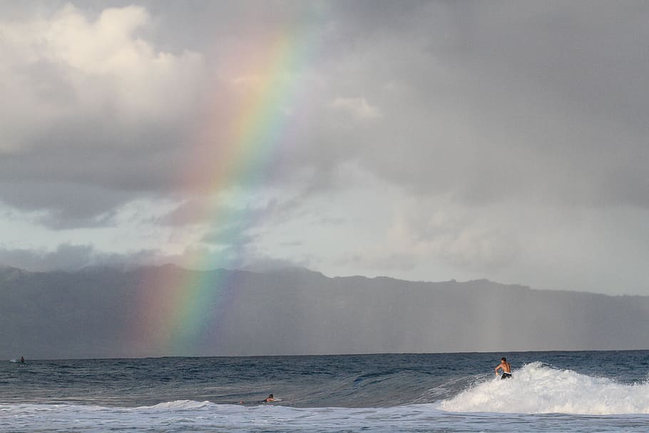 mountain, sky, rainbow, horizon, people, men, surfing, sport HD wallpaper