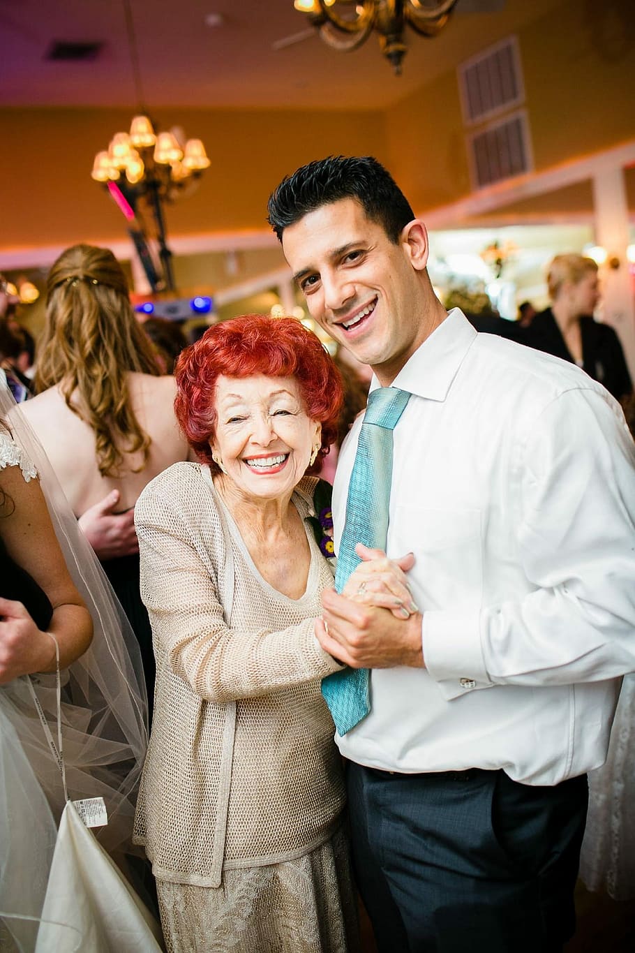 man and grandmother dancing, man and woman holding hands, portrait, HD wallpaper
