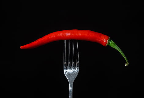 red chili stabbed with fork, pepperoni, sharp, cutlery, paprika HD wallpaper