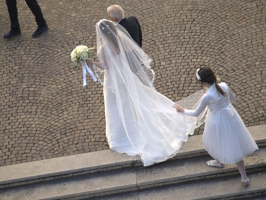 bride on concrete pathway at daytime, wedding, italy, newlywed HD wallpaper
