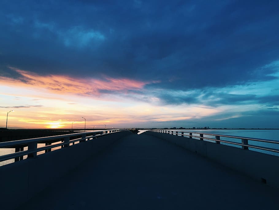 beach, bridge, clouds, concrete, dawn, dusk, empty, evening HD wallpaper
