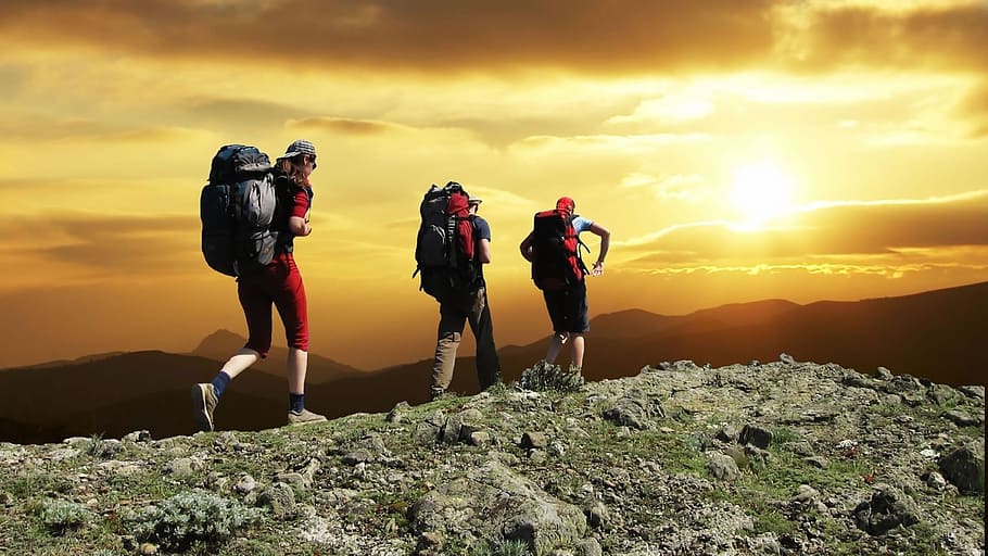 three person on top of mountain, hikers, sunset, hiking, backpacking