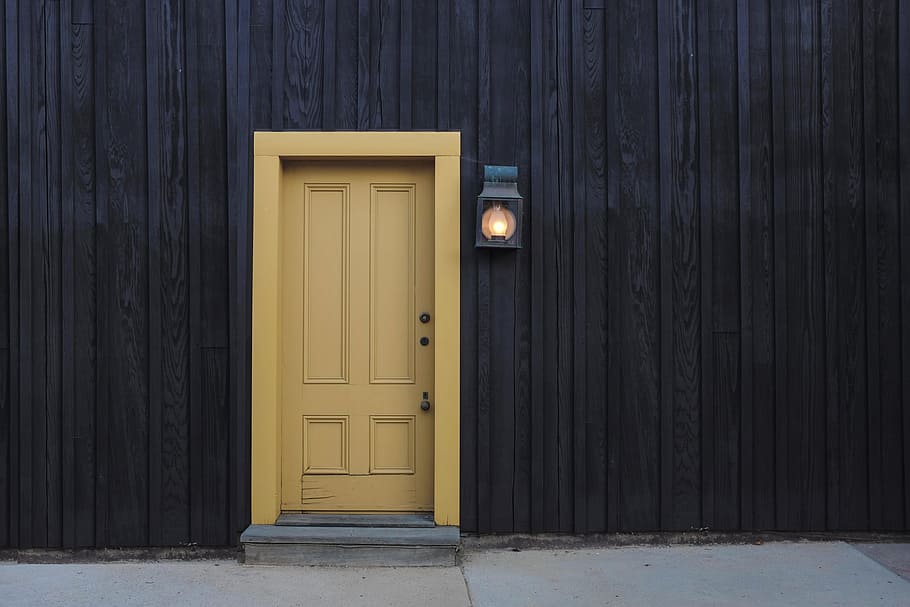 brown wooden 4-panel door and black painted wall, light, modern HD wallpaper