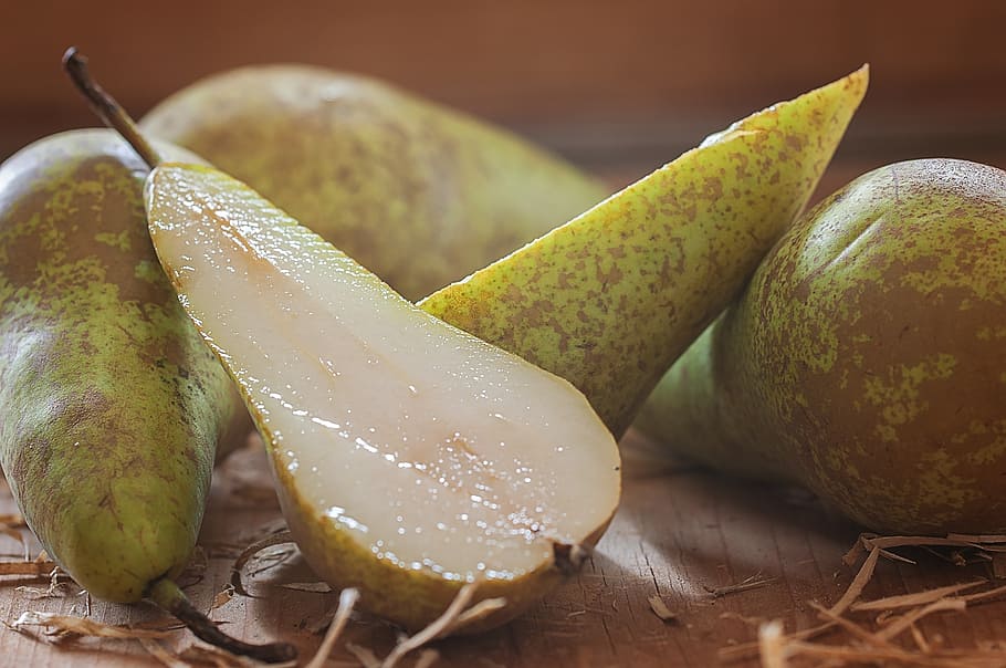 pears, cut in half, sliced, split, healthy, food, vitamins HD wallpaper
