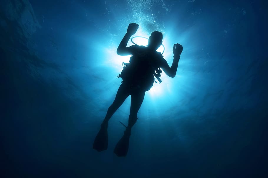 silhouette of scuba man, diver, light, diving, sea, ocean, water