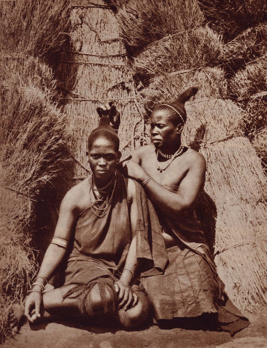 grayscale photo of two tribal women wearing dresses, african, HD wallpaper