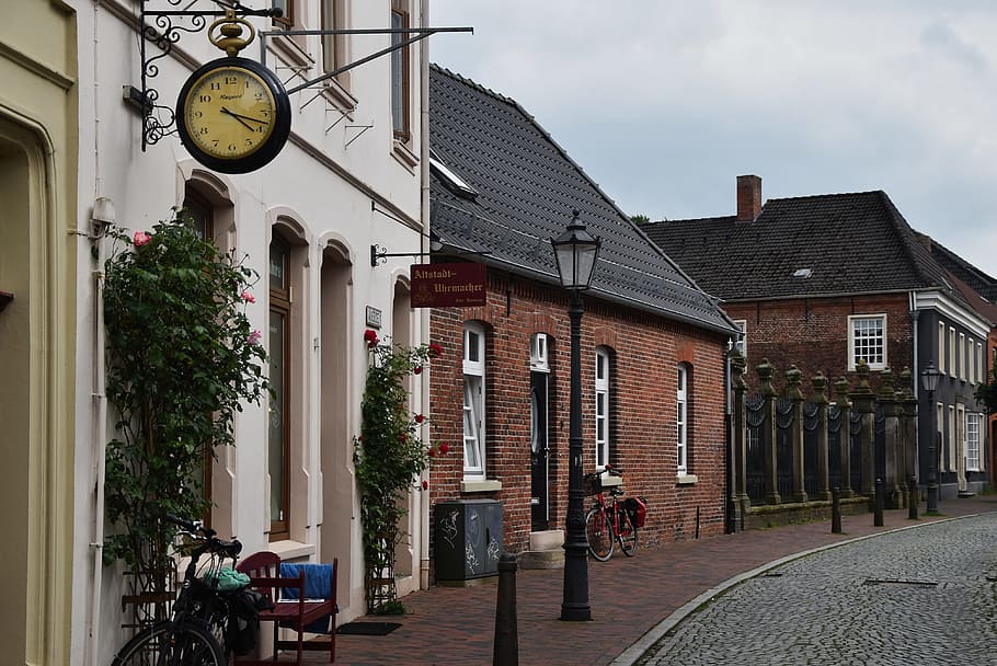 road, bike, clock, watchmakers empty, east frisia, building exterior HD wallpaper