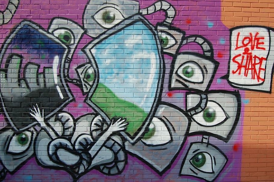 Love Share robot and mirror mural, abstract vandalism art, graffiti HD wallpaper