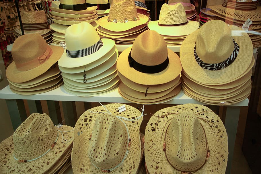 hats, man, straw, retail, large group of objects, still life, HD wallpaper