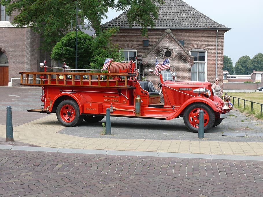 antique car, fire, oldtimer, red, vintage, cars, vehicle, classic cars HD wallpaper