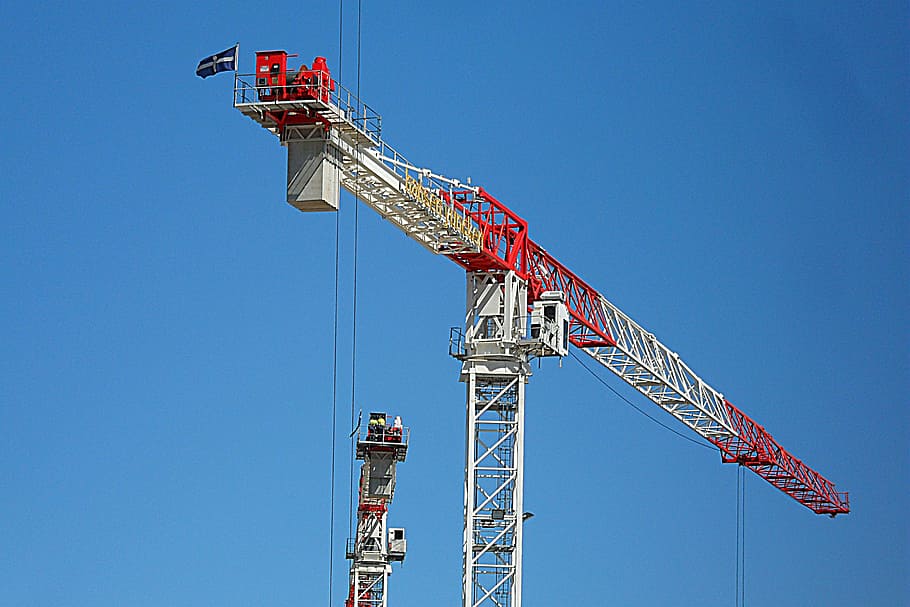 white and red tower crane, sky, blue, construction, business, HD wallpaper