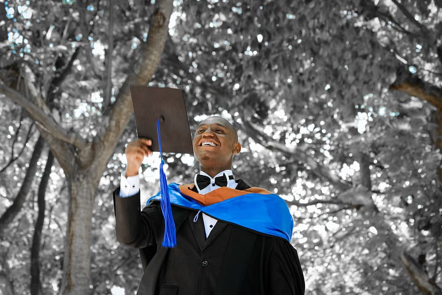 man in black academic dress under trees, Graduation, Ceremony