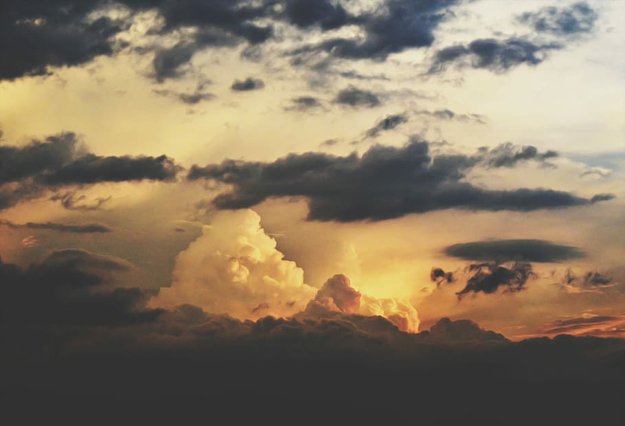 white and black clouds, orange sun behind clouds, dark, sunset HD wallpaper