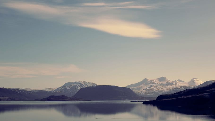 fog, lake, landscape, mist, mountain, outdoors, sky, snow, water HD wallpaper