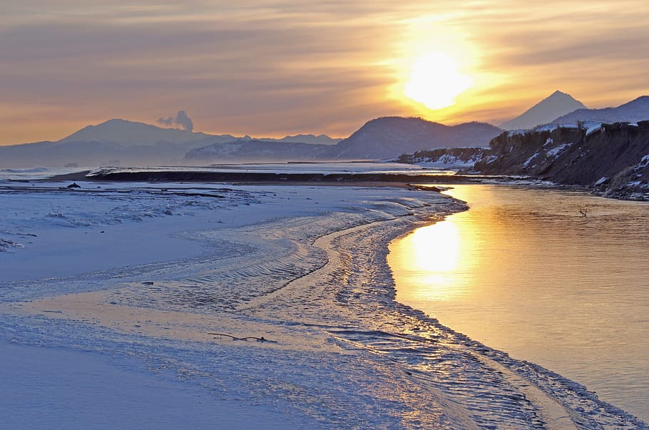 sunset, river, nature, dawn, volcanoes, mountains, winter, beach HD wallpaper
