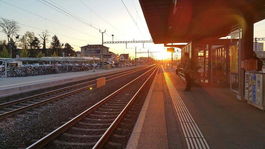 sunrise, railway, rail transportation, railroad track, mode of transportation HD wallpaper