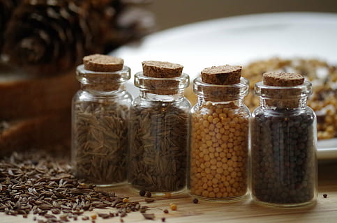 four assorted spices in glass bottles, pepper, cooking, mustard HD wallpaper