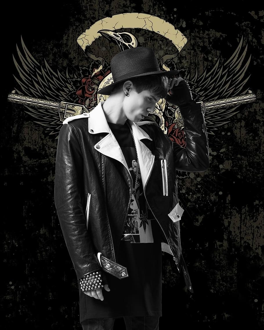 grayscale photo of man in leather jacket, men's, individuality HD wallpaper