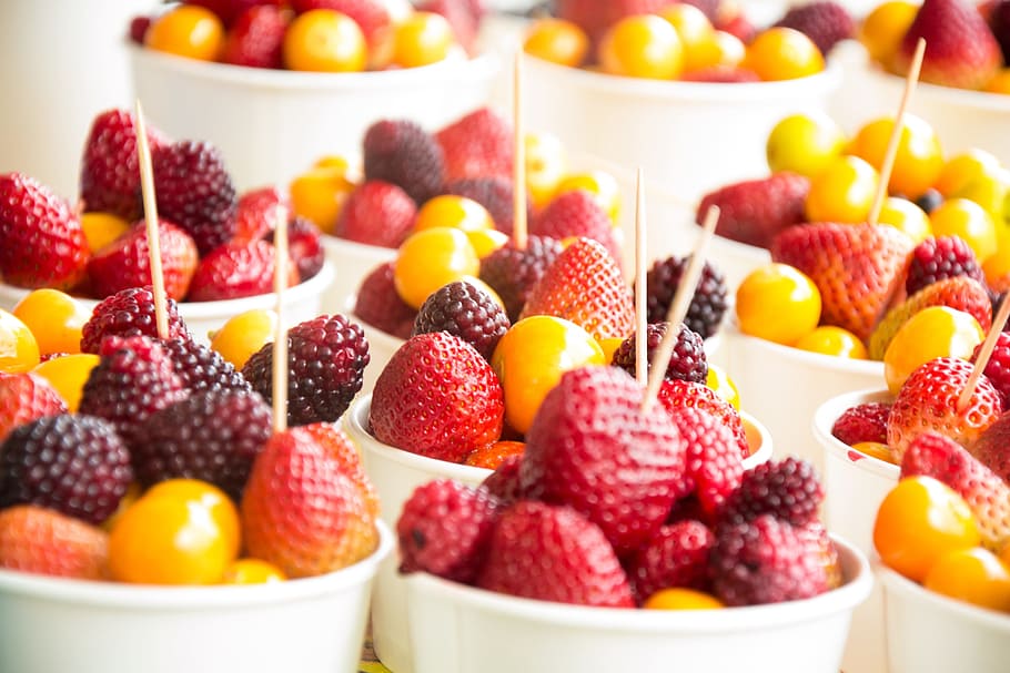 assorted-kinds of berries inside disposable cups, Fruit Salad HD wallpaper