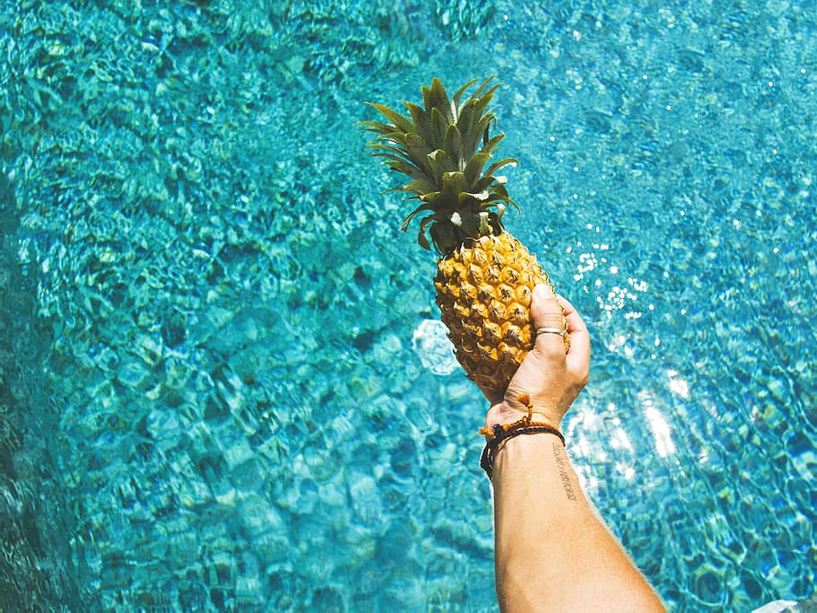person holding pineapple fruit, hand, ring, pool, water, swimming HD wallpaper