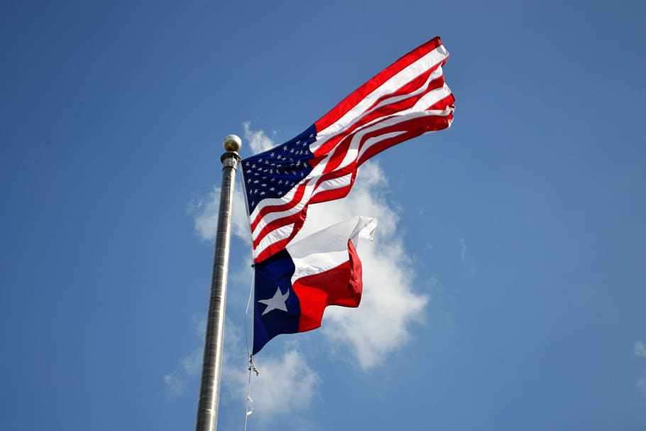 waving USA flag during daytime, texas flag, american flag, houston