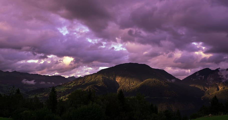 black mountains under purple clouds, landscape, sky, nature HD wallpaper