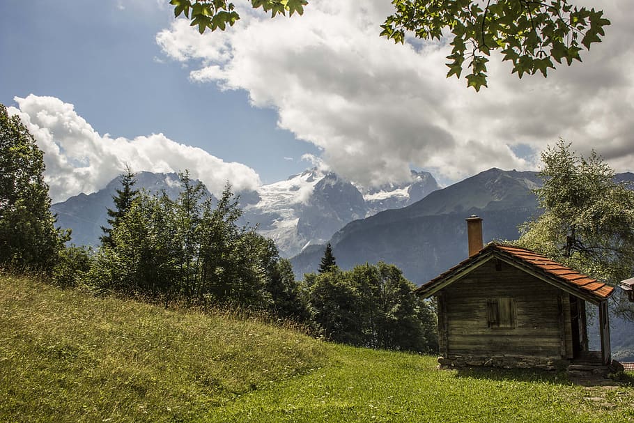 Alpine Hut, Mountains, Alm, sky, tree, scenics, house, mountain range HD wallpaper