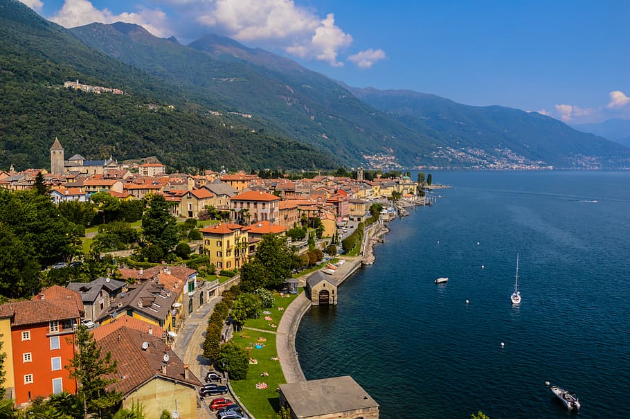 aerial photography of houses beside body of water, lago maggiore, HD wallpaper