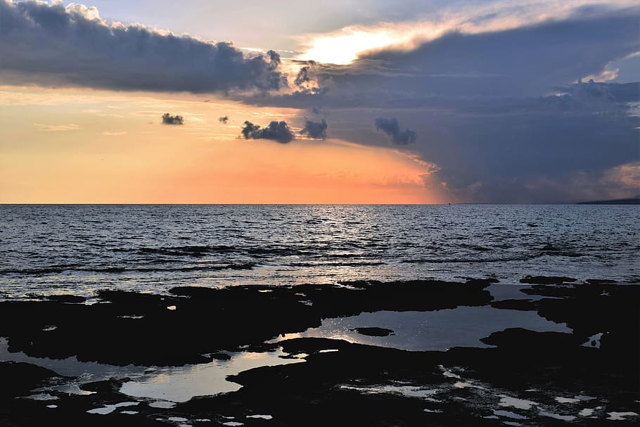 sunset, beach, sea, sky, clouds, horizon, nature, autumn, scenery HD wallpaper